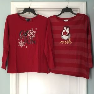 Lot Bundle of Two Red Christmas Tee T Shirts, Both Size 1X, Excellent Condition